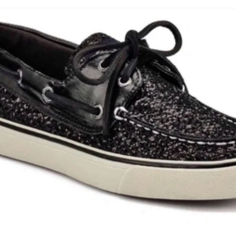 Sperry Black Glitter Boating Loafers, size 9